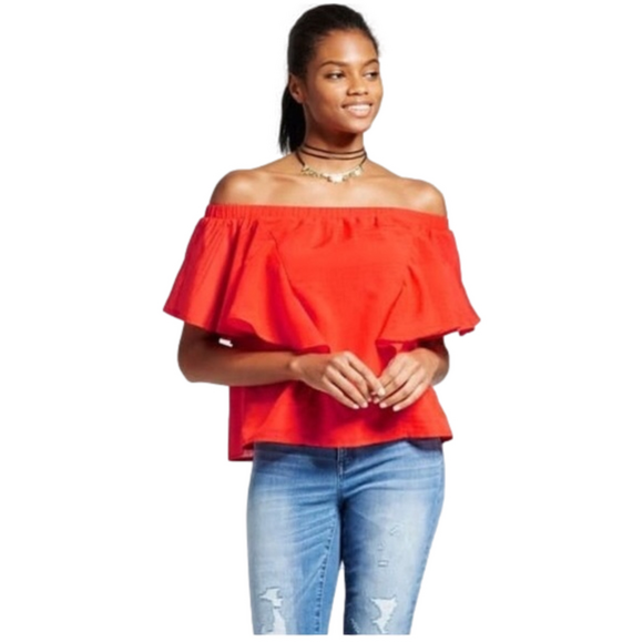J by J.O.A. Red Off Shoulder Ruffle Blouse Women’s Size Small - Picture 1 of 12